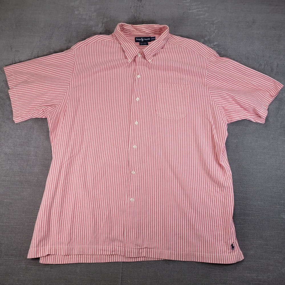 Ralph Lauren Mens XXL Red White Stripe Short Sleeve Button Down‎ Shirt Bob Camp
